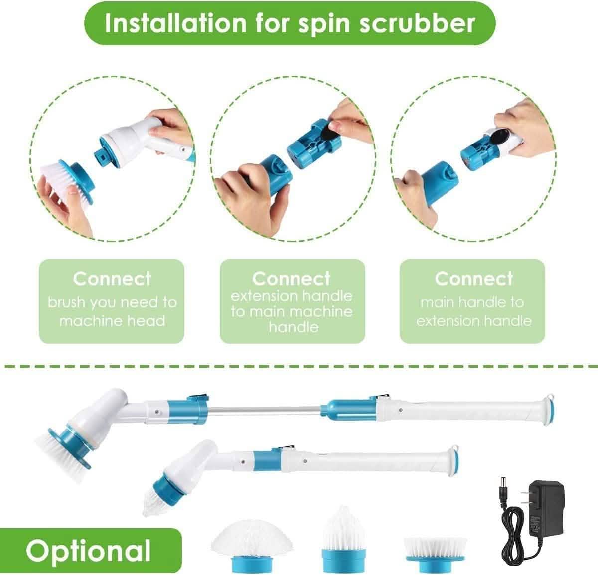 Step-by-step guide on how to install a spin scrubber with various attachments.
