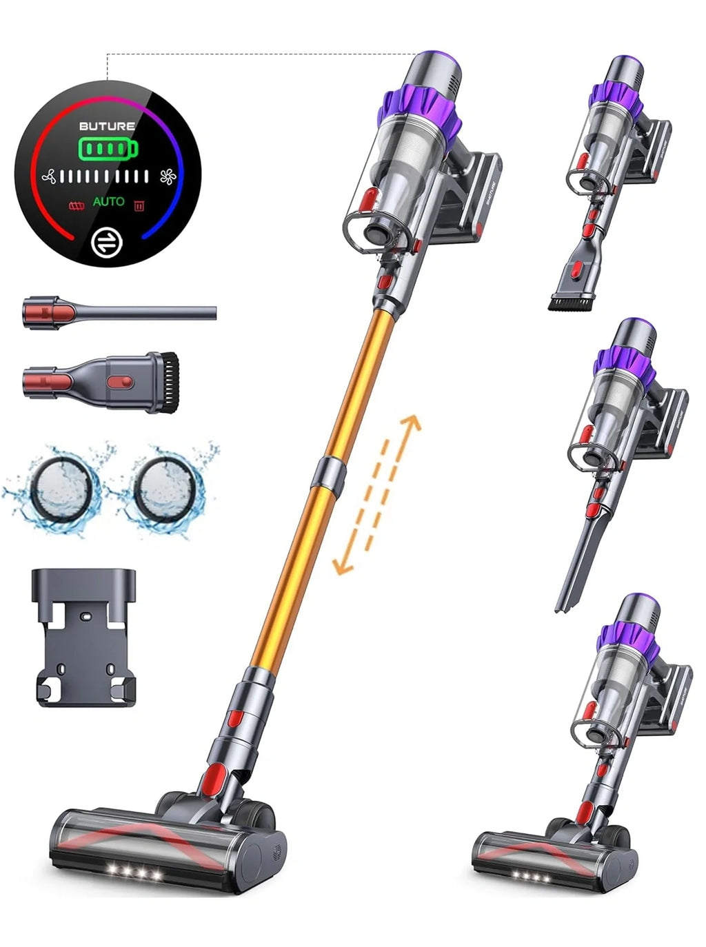 Stylized image of a vacuum cleaner with attachments on a white background