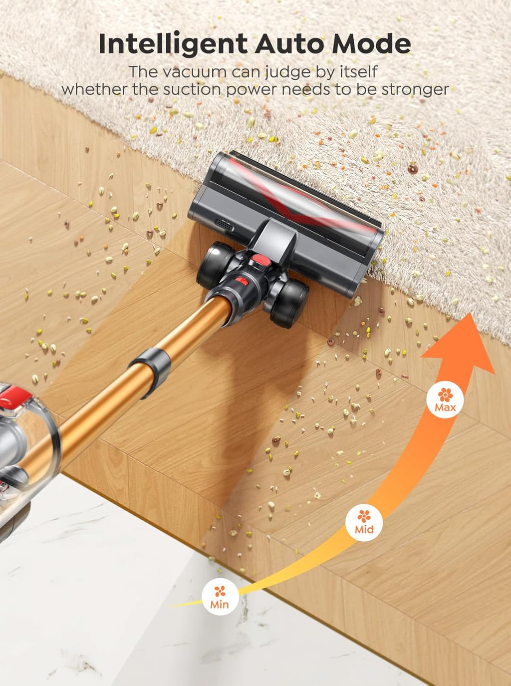 Vacuum cleaner with auto mode feature cleaning a wooden floor.
