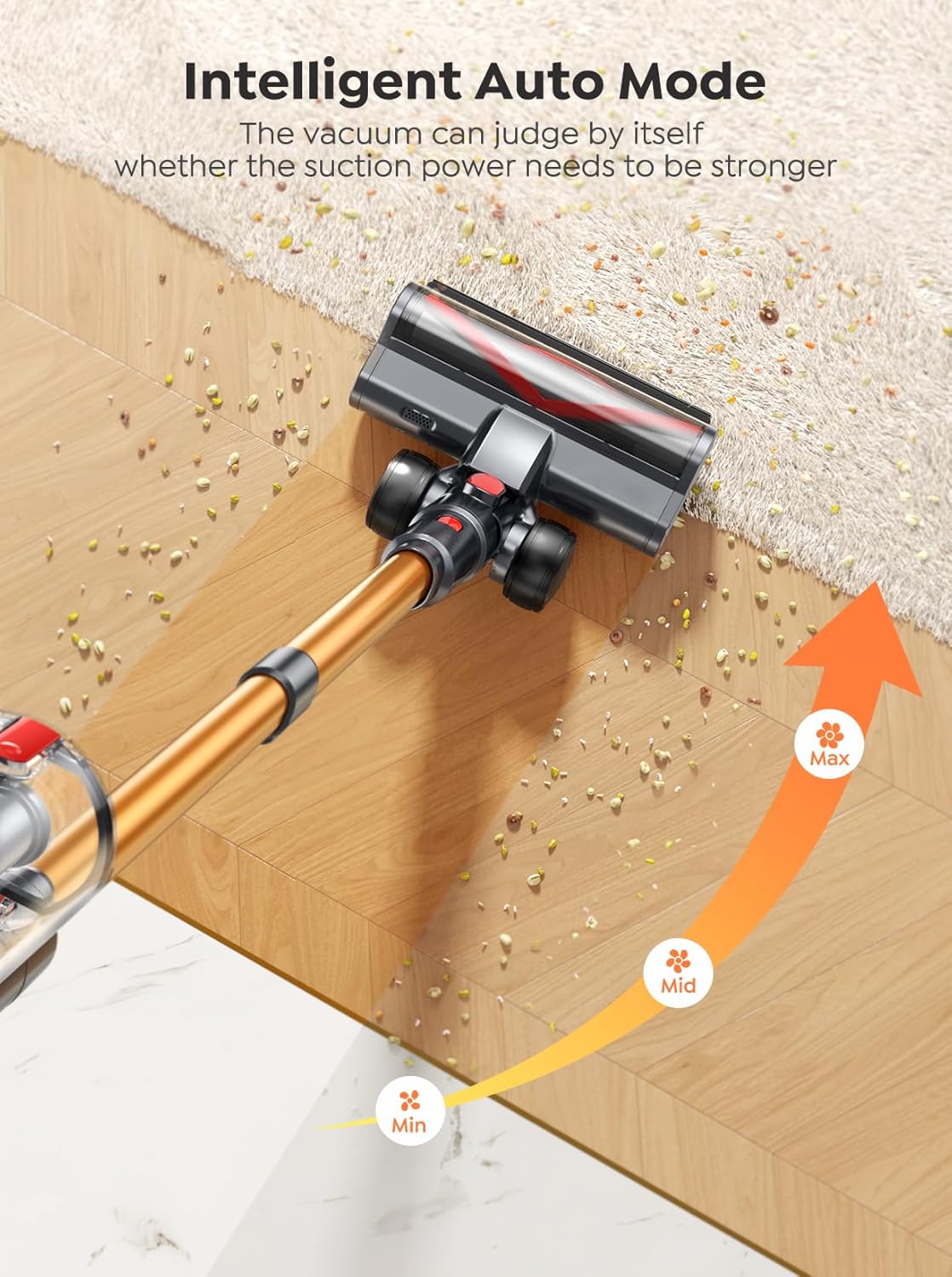 Vacuum cleaner with auto mode feature cleaning a wooden floor.