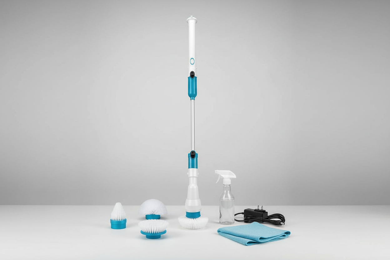 Electric Spin Scrubber flat lay studio shot